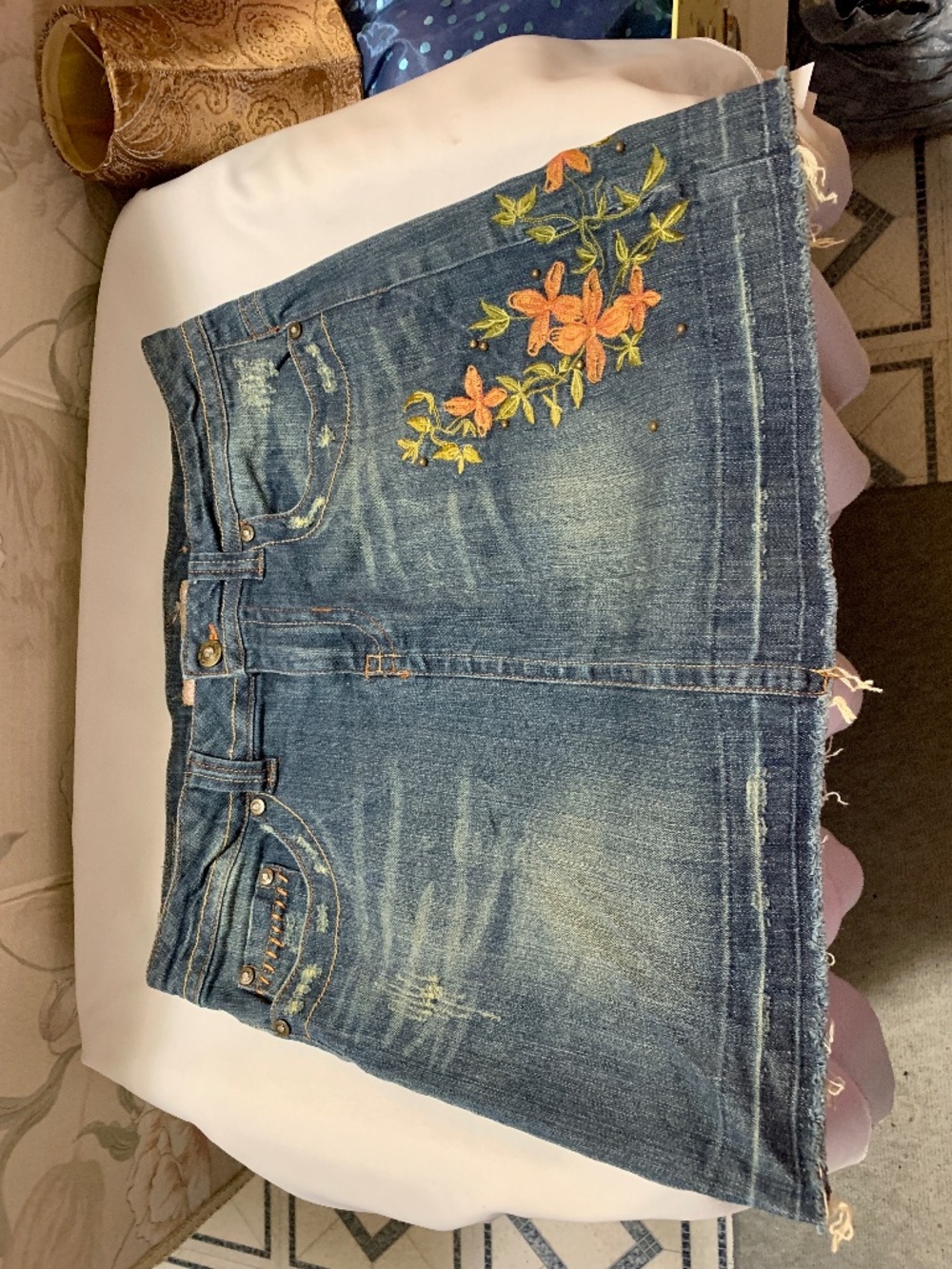 Vintage Candie's Embroidered Jeweled  Blue Denim Mini Skirt Raw Hem - Size 7